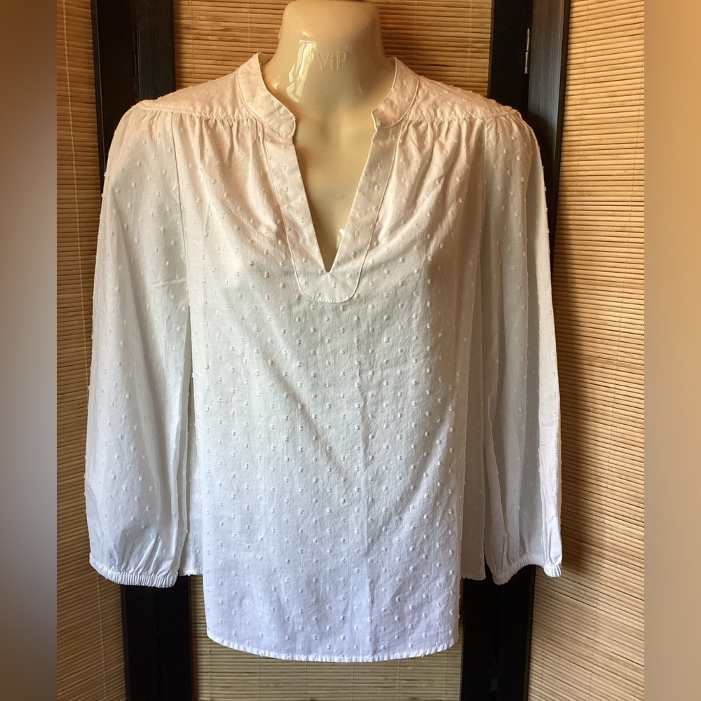 NWT Gap white cotton blouse XS embroidered split neck long sleeve band collar - Picture 3 of 11